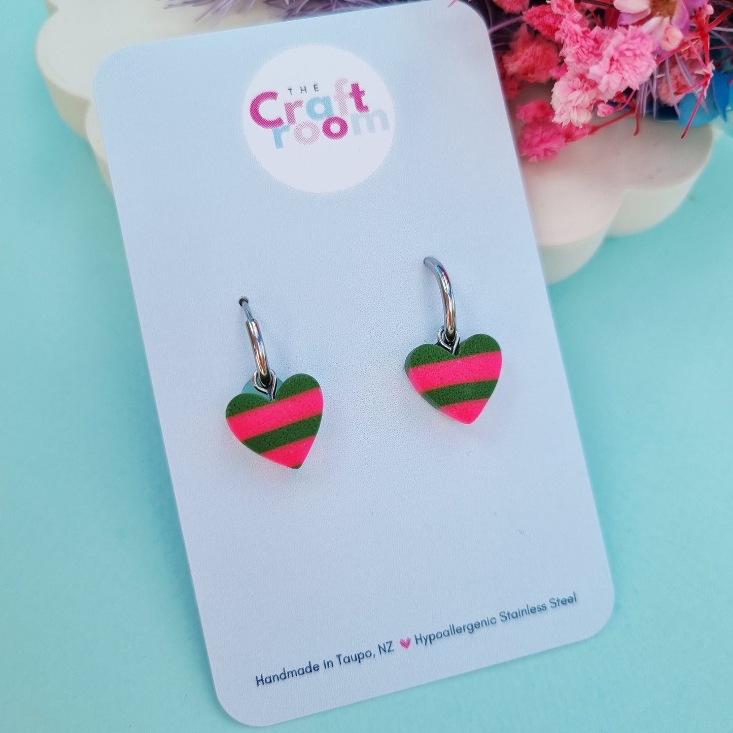 Chunky pink & olive stripe heart huggie