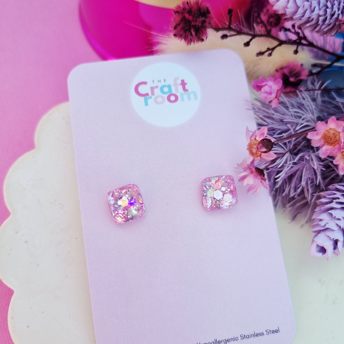 Mini square glitter stud