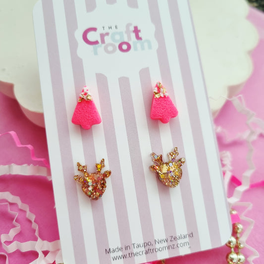 Christmas stud 2 pack (hot pink/gold)